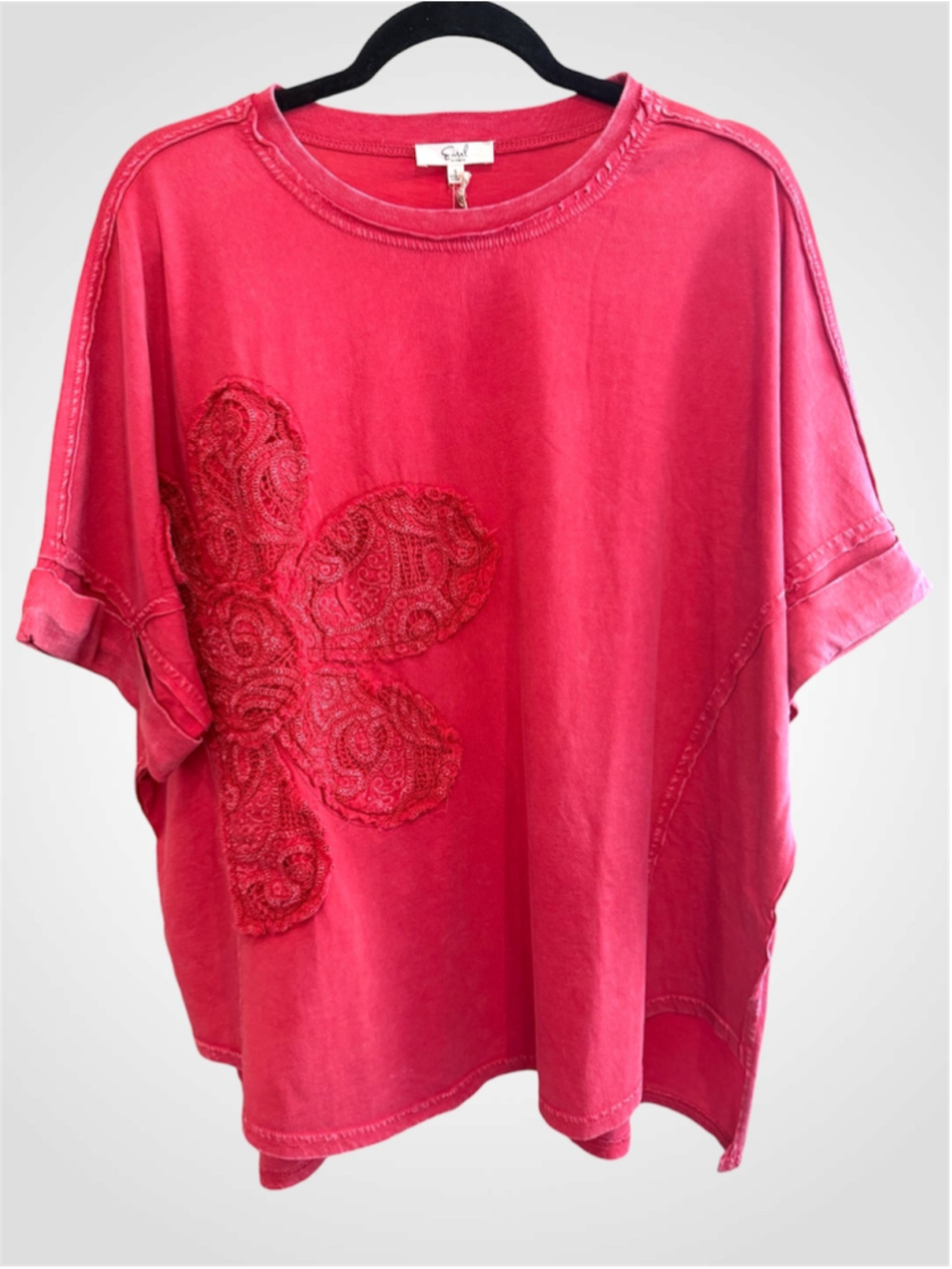 Easel Embroidered Washed Top in Red Size S